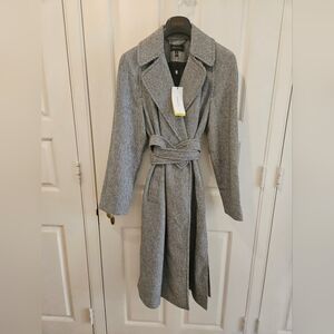 Karen Millen black/white wool mix long-line belted coat US size 8